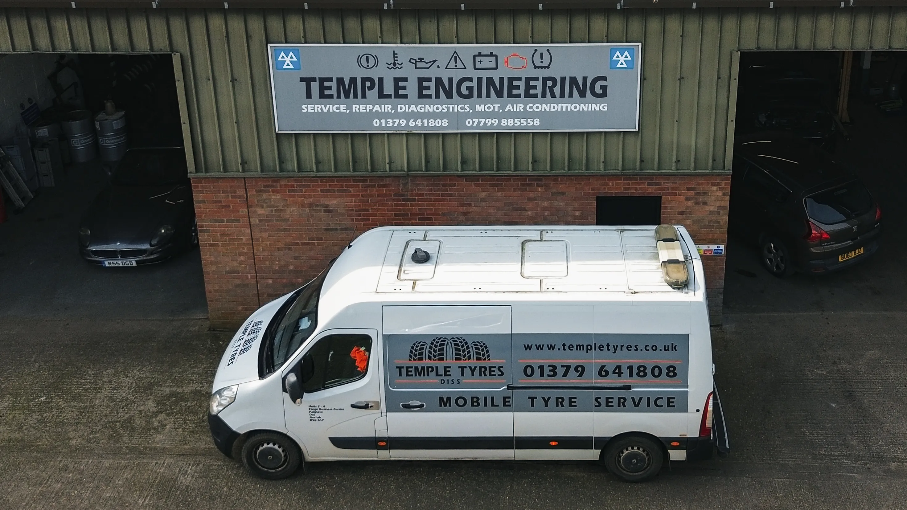 Aerial view of Temple Engineering workshop with Temple Tyres van