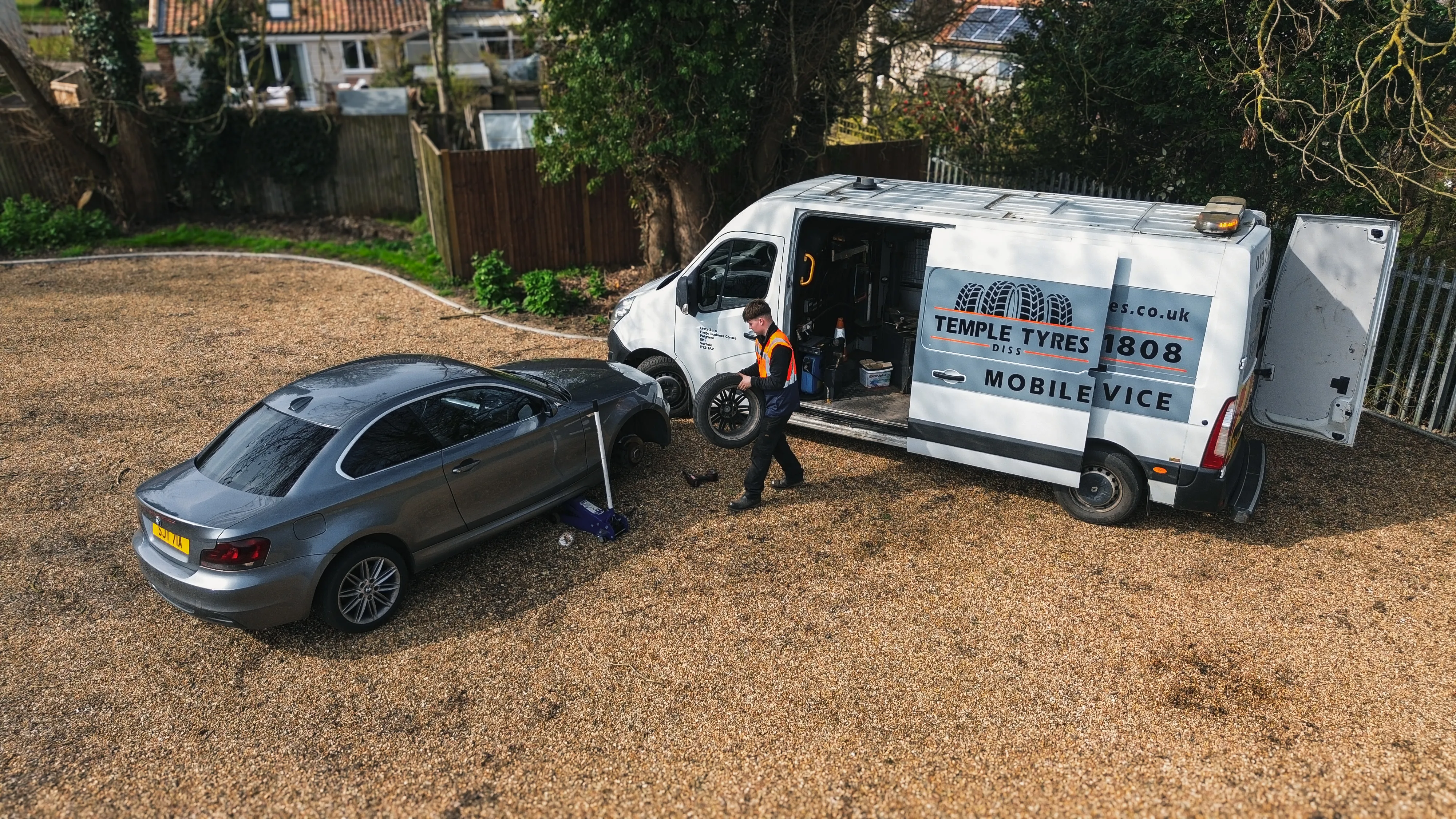 Temple Tyres mobile fitting van parked with tyres visible